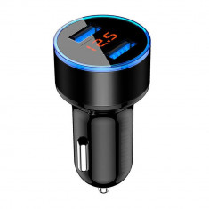 Incarcator dublu auto, 2 x 3.1 A USB, indica voltaj, led rosu, negru - negru foto