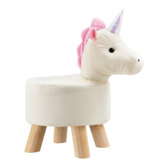 Scaun taburet pentru copii Pingo, model Unicorn, 45 x 28 x 48 cm, 150 Kg, lemn/flanel, alb foto