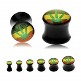 Plug șa neagră pentru ureche, frunză verde de canabis pe fundal tricolor rasta - Lățime: 4 mm