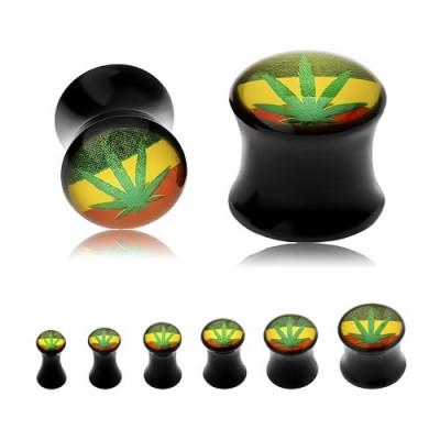 Plug șa neagră pentru ureche, frunză verde de canabis pe fundal tricolor rasta - Lățime: 6 mm foto