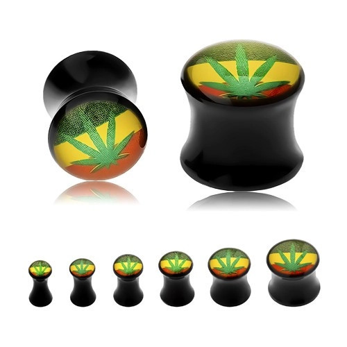 Plug șa neagră pentru ureche, frunză verde de canabis pe fundal tricolor rasta - Lățime: 4 mm