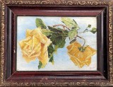 Tablou / lucrare veche romaneasca 1932, Trandafiri galbeni, ulei pe carton, 37x29 / 27 x 18,5, Șt. D. T&acirc;rnicescu (?), autor roman, necesită curățare