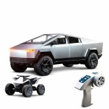 Cumpara ieftin Mașinuță RC Tesla Cybertruck cu ATV inclus, cu telecomanda, lumini LED, faruri, caroserie metal, off-road, gri metalizat, scară 1:20, mașină electrică