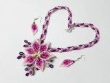 Set Crin regal roz, ciclam si mov, unicat, colier si cercei, handmade