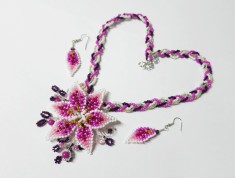 Set Crin regal roz, ciclam si mov, unicat, colier si cercei, handmade