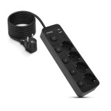 Prelungitor cu 5 intrerupatoare, 4 prize Schuko, 2 porturi USB-A (2.4A) si 2 porturi USB-C (3A), CABLU 1.5M, NEGRU