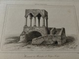 Gravura sec.19, Lemaitre, Monumentul Manastirii din Campulung,caserata,18x12 cm, Peisaje, Grisaille, Realism