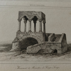 Gravura sec.19, Lemaitre, Monumentul Manastirii din Campulung,caserata,18x12 cm