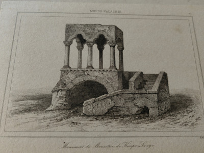 Gravura sec.19, Lemaitre, Monumentul Manastirii din Campulung,caserata,18x12 cm foto