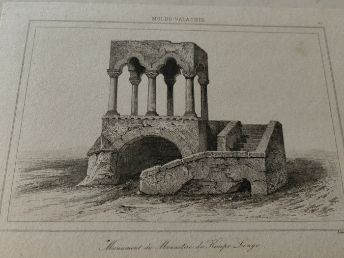 Gravura sec.19, Lemaitre, Monumentul Manastirii din Campulung,caserata,18x12 cm