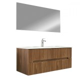 Set mobilier baie Leziter Trent 120 cm, stejar apus de soare, 2 sertare, cu oglinda si lavoar ceramic, suspendat