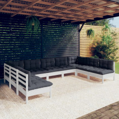 vidaXL Set mobilier grădină cu perne, 9 piese, alb, lemn masiv pin