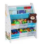 Raft pentru carti si jucarii pentru copii organizator din lemn cu 6 cutii textile pentru depozitare - PADURE.