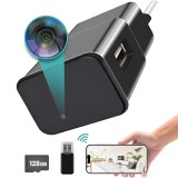 Camera Spy Ascunsa in Incarcator USB WiFi cu Card 128GB, Full HD 1080p, Detectie Miscare, Aplicatie HDlivecam, Vizualizare Live, Inregistrare Bucla, D