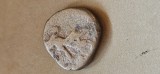 Tetradrahma bronz , 15,6 grame .. India antica , Imperiul Kushan , imparat Kanishka I , anii 127 - 151