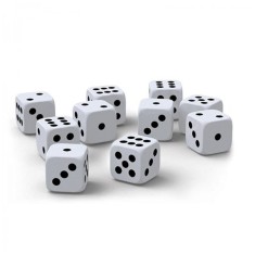 Set 10 zaruri, dimensiune 10 mm, albe cu puncte negre, plastic, pentru jocuri de societate sau jocuri de noroc
