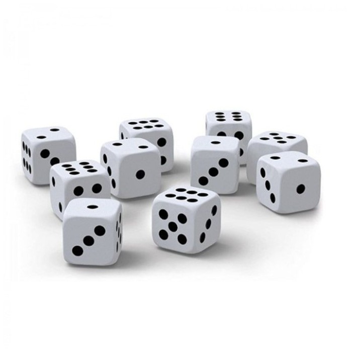 Set 10 zaruri, dimensiune 10 mm, albe cu puncte negre, plastic, pentru jocuri de societate sau jocuri de noroc