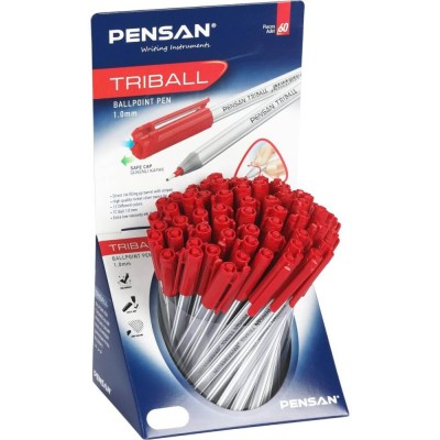 Pixuri PENSAN Triball, Varf 1 mm, 60 Buc/Set, Scriere Rosie, Corp Plastic cu Capac, Pix Rosu, Pixuri Rosii, Pixuri Scolare, Pixuri pentru Scoala, Pixu foto