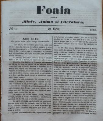 Foaia pentru minte , inima si literatura , nr. 10 , 1863 , Brasov , I. Muresanu foto