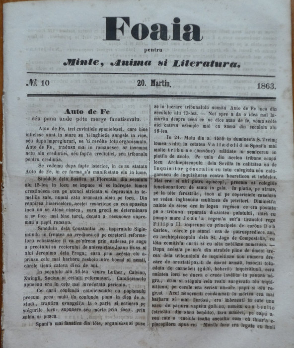 Foaia pentru minte , inima si literatura , nr. 10 , 1863 , Brasov , I. Muresanu