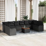 Set de sofa pentru gradina Gossi de 11 piese cu pernute ratan negru acacia, sofa pentru gradina Gossi cu 2 locuri cu spatiu de stocare &amp; pernute ratan