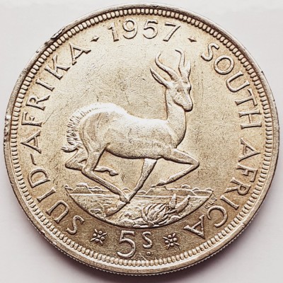 658 Africa de sud 5 Shillings 1957 Elizabeth II (1st portrait) km 52 argint foto