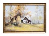 Tablou pictat manual inramat, Casa taraneasca la Falticeni, 65x45cm ulei pe panza, rama din lemn, Geo Ungureanu
