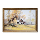 Tablou pictat manual inramat, Casa taraneasca la Falticeni, 65x45cm ulei pe panza, rama din lemn, Geo Ungureanu