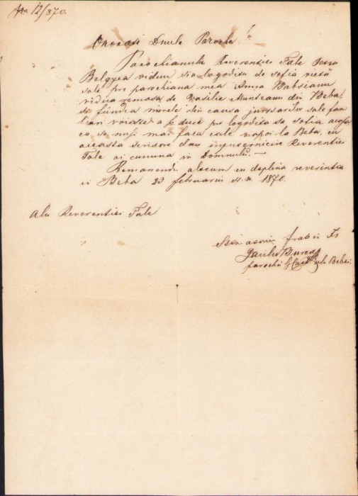 A1448 Corespondență preot rom&acirc;n, 1870, Beba, județul Timiș