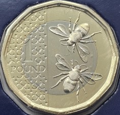 1 pound 2023 Marea Britanie, Honeybees, Charles al-III-lea, Tudor crown privy mark, Brilliant uncirculated, Coincard, km#2447 foto