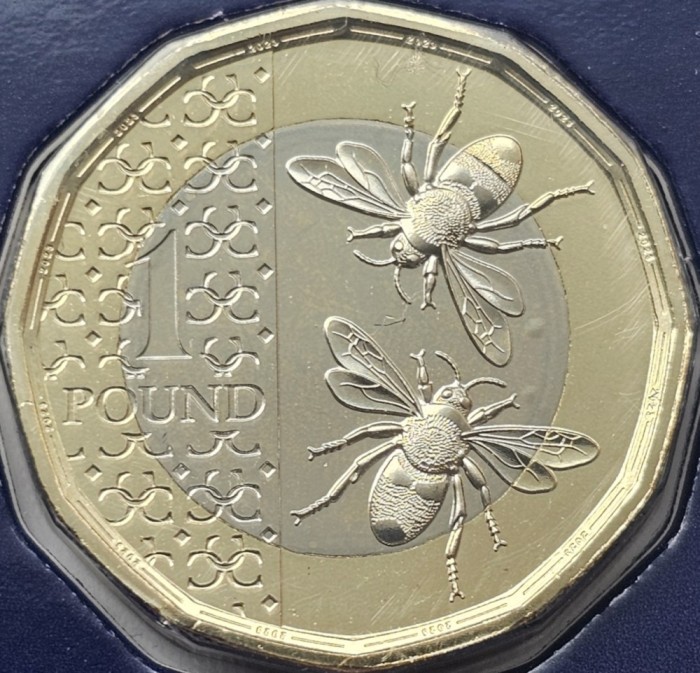 1 pound 2023 Marea Britanie, Honeybees, Charles al-III-lea, Tudor crown privy mark, Brilliant uncirculated, Coincard, km#2447