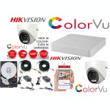 Kit supraveghere profesional Hikvision Color Vu 2 camere 5MP IR20m DVR 4 canale full accesorii cu HDD