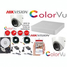 Kit supraveghere profesional Hikvision Color Vu 2 camere 5MP IR20m, DVR 4 canale, full accesorii cu HDD SafetyGuard Surveillance