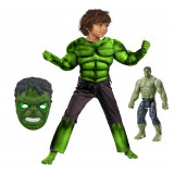 Costum Hulk clasic cu muschi si figurina 20 cm, pentru baieti 5-7 ani 110-120 cm, Oem