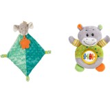 Set 2 jucarii, Mini Paturica cu Dentitie Elefant Verde Deschis 35x33cm + Jucarie Zornaitoare ConceptSeller&reg; de Plus Hipopotam Colorat 18cm, Oem
