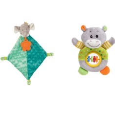 Set 2 jucarii, Mini Paturica cu Dentitie Elefant Verde Deschis 35x33cm + Jucarie Zornaitoare ConceptSeller&amp;reg; de Plus Hipopotam Colorat 18cm foto
