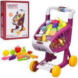 Cos de cumparaturi supermarket pentru copii cu sunete si lumini WePro Store, 41 de accesorii, fructe, legume, bani, Violet, 3 ani +