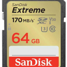 Card de memorie SanDisk Extreme SDXC, 64GB, UHS-I U3, Clasa 10, V30