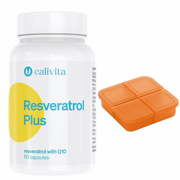 Set supliment alimentar si cutie de pilule, resveratrol si coenzima Q10, Resveratrol Plus, 60 capsule, CaliVita