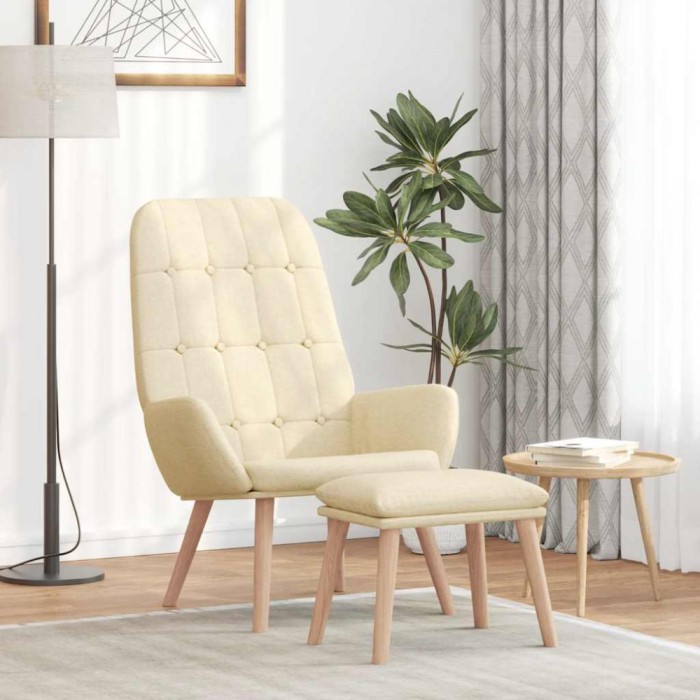 Scaun de relaxare cu taburet, crem, textil