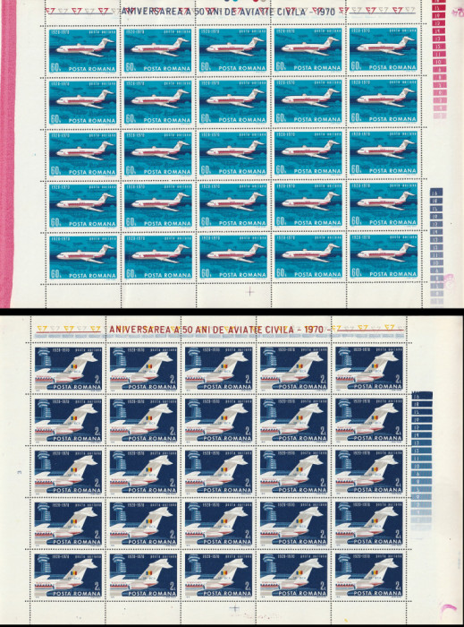 Romania 1970 - #722 50 de Ani de Aviatie Civila in Romania COALA COMPLETA 2v MNH