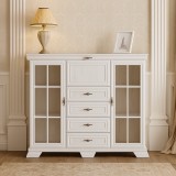 Comoda living cu vitrina VM7, o usa rabatabila pentru bar, 2 usi fixe, 3 sertare, Pal melaminat, cu insertii MDF, Alb Antichizat