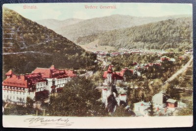 Sinaia 1906 Vedere generala - printata, color, circulata catre Belgia, timbru rupt, stampile lizibile, Editura Maier si Stern foto