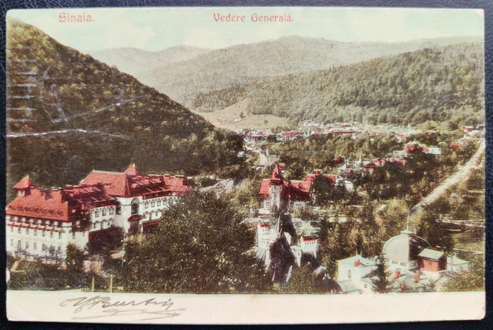 Sinaia 1906 Vedere generala - printata, color, circulata catre Belgia, timbru rupt, stampile lizibile, Editura Maier si Stern