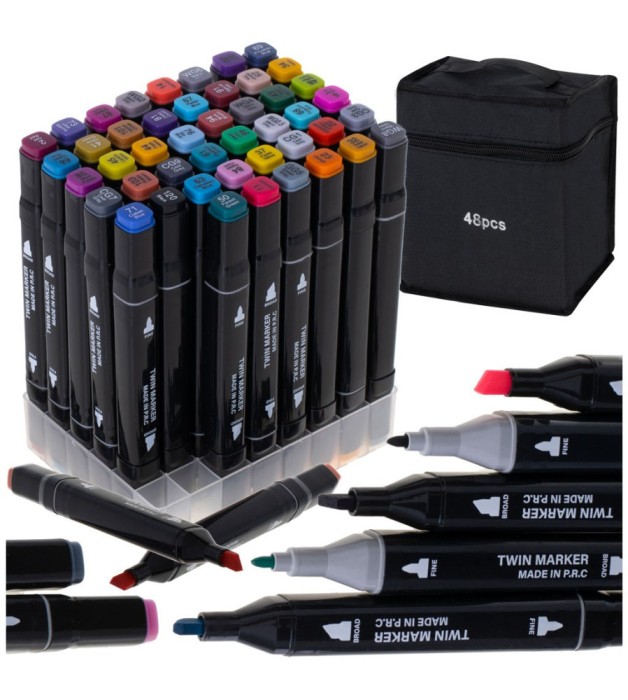 Set 48 markere, 2 capete subtire si gros, cu geanta de depozitare si suport din plastic, multicolore