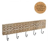 Cuier Lemn Sculptat Manual, Model Cu Carlige Metalice, Natural, 50x10x1.5cm, Oem