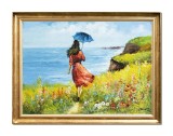 Cumpara ieftin Tablou inramat peisaj marin pictat manual, Tanara cu umbrela, 80x60cm ulei pe panza, Constantin Feraru