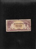 Bancnota Malaezia 5 Dollars 1942, Ocupatie Japoneza Malaya, MR, Bancnote Straine Asia