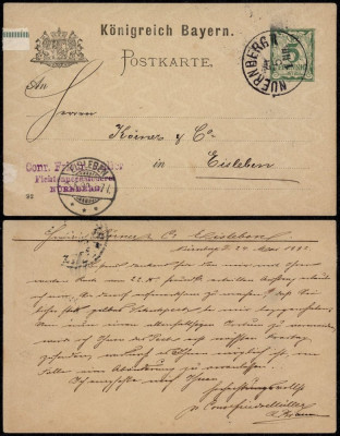 Germany Bayern 1892 Old postcard postal stationery Nurnberg to Eisleben DB.009 foto