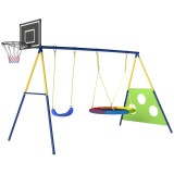 AIYAPLAY Set Leagăne de Grădină 4-&icirc;n-1 pentru Copii cu Leagăne Duble, Coș de Baschet, Poartă de Fotbal, Cadru Metalic &icirc;n Formă de A, Capacitate 150 kg
